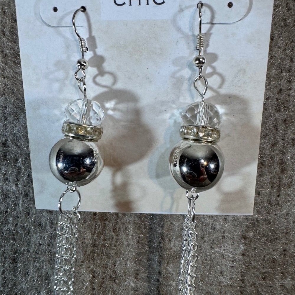 Beach Chic Earrings Women OS Silver Tone Long Tassel Drop Dangle Crystal Orb - Picture 2 of 4